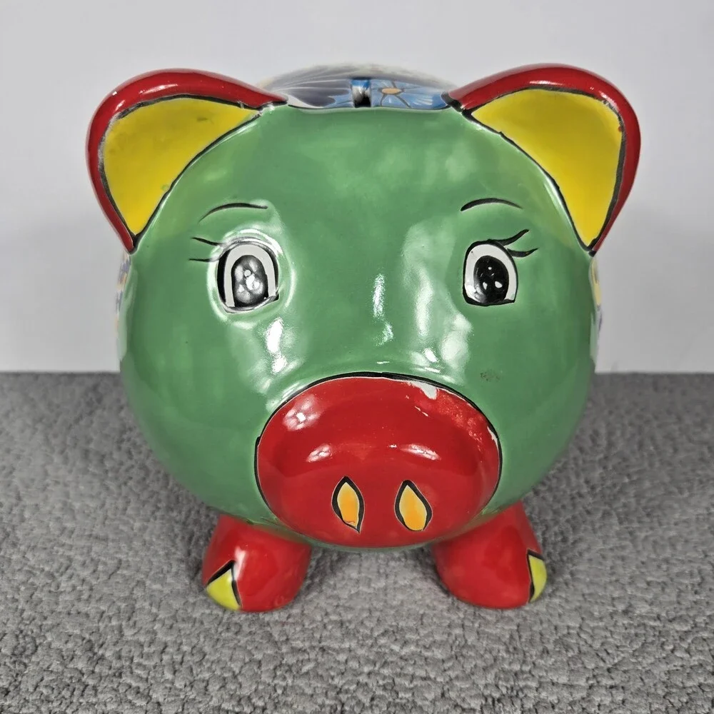 Talavera Piggy Bank Mexican Pottery Art Hand Painted 9.5 x 7.5 X 8 In
